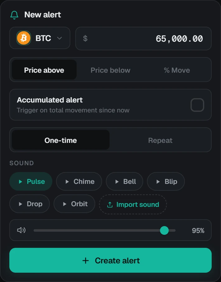 New alert form: coin, target price, direction, sound and volume